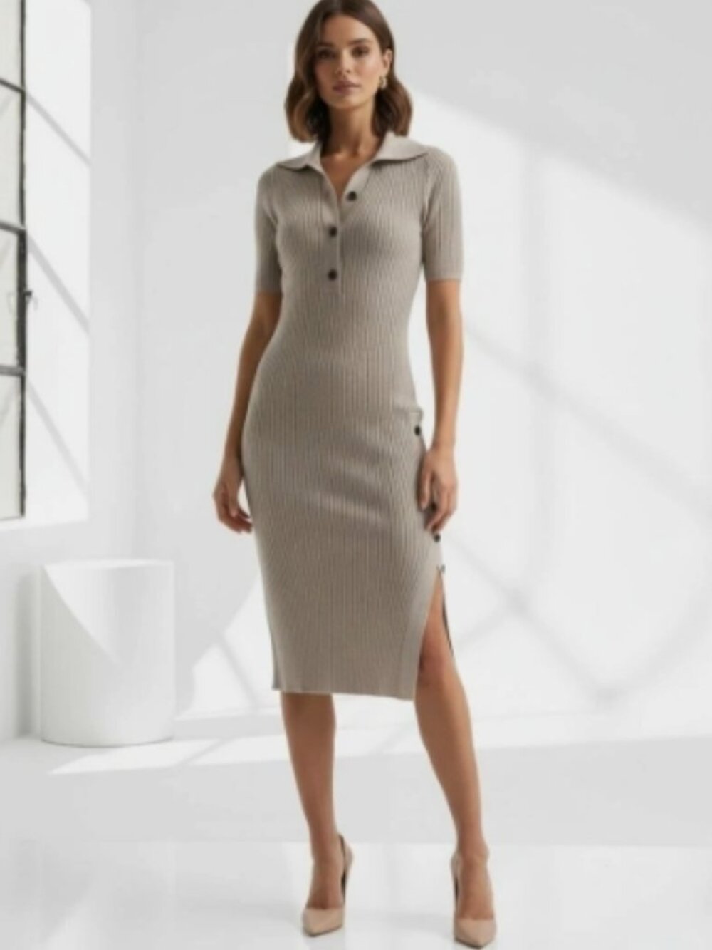 NWT REISS Mason Heathered Beige Ribbed Midi Sweater Dress Small